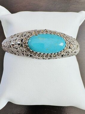 Vintage Turquoise & Marcasite Sterling Silver Statement Bracelet Ornate Filigree
